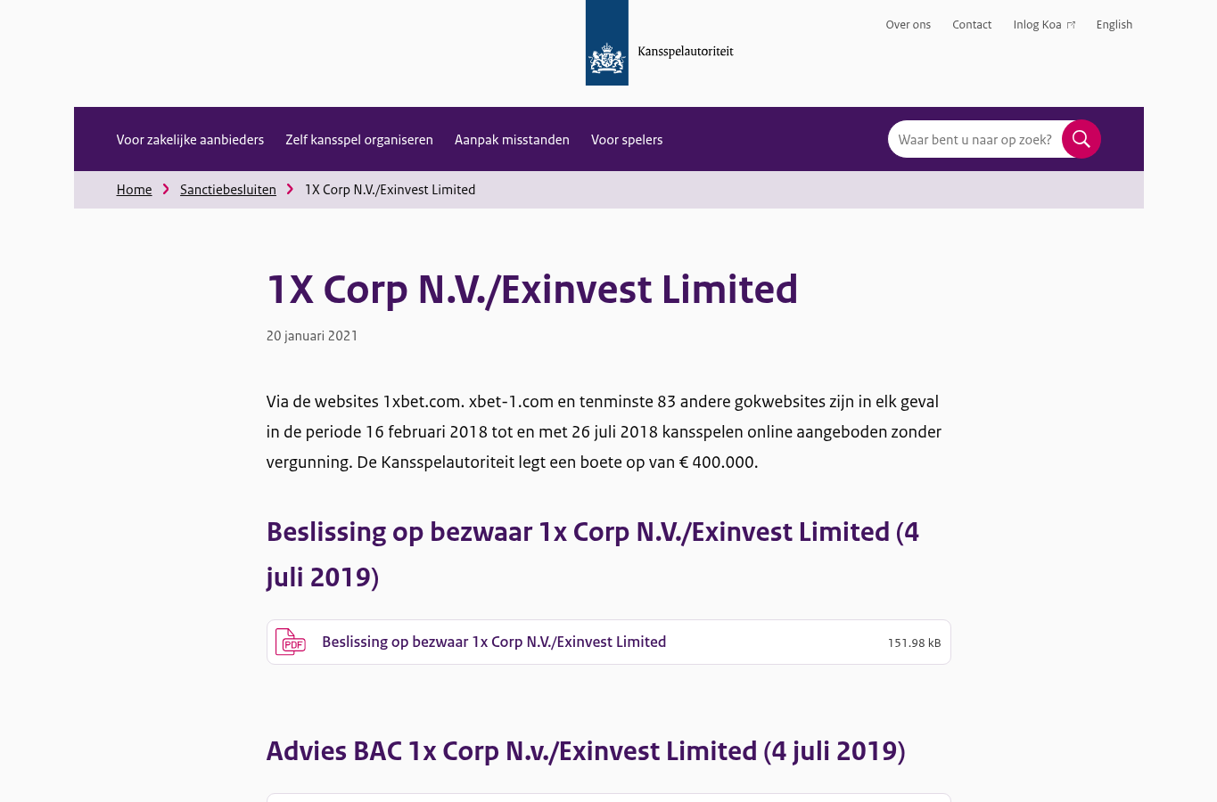 Captura suministrada del expediente oficial neerlandés relacionado con 1X Corp N.V. y Exinvest Limited