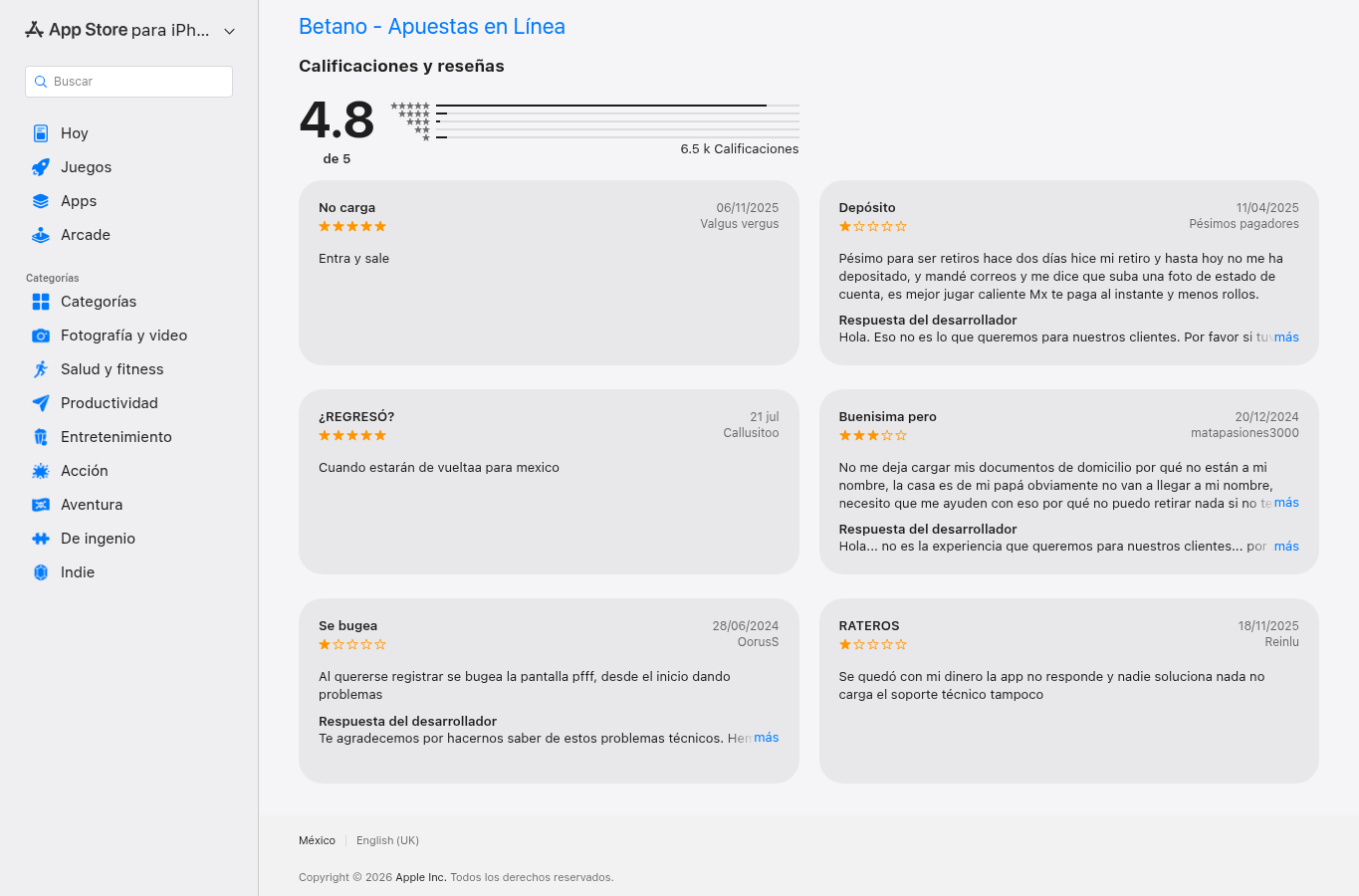 Captura suministrada de opiniones de usuarios en una tienda de aplicaciones de México
