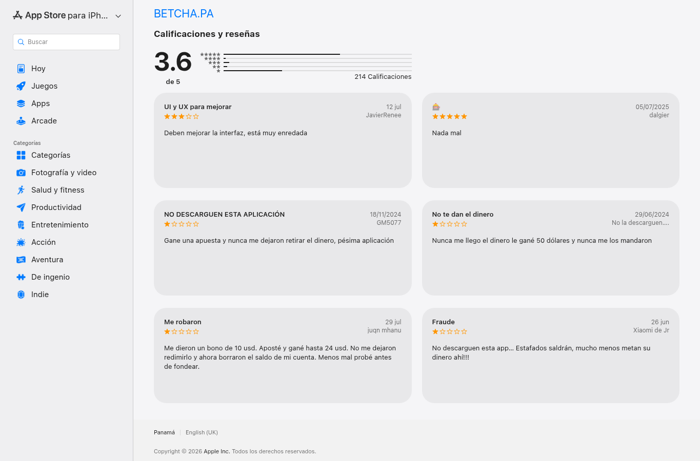 Captura suministrada de opiniones de usuarios en la tienda de aplicaciones