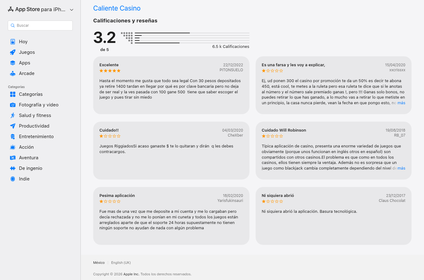 Captura de opiniones fechadas de la aplicación mexicana